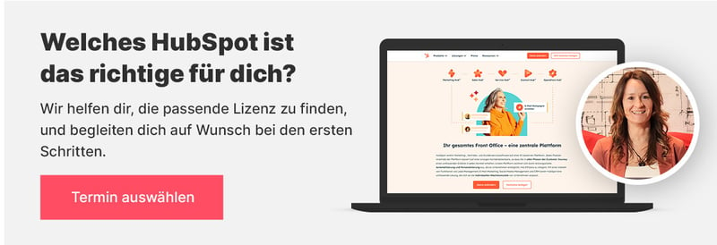 Banner bietet Hilfe bei der Lizenzwahl für HubSpot mit Screenshot der HubSpot Website und Sabine als Ansprechpartnerin